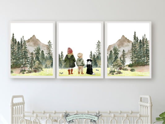 Our adorable Hiking Nursery Prints featuring watercolour woodland forest and mountain landscape with a little girl, a boy and their dog, is the perfect addition to your baby's woodland nursery decor and also makes a unique baby shower gift.