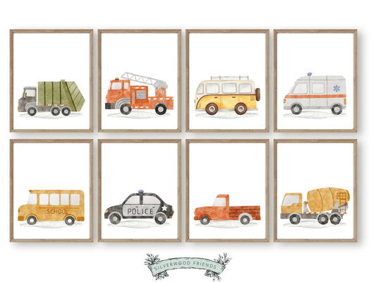 Elevate your little one's nursery with our charming Transport Nursery Prints Set of 8. Our watercolour illustrations showcase a fire engine, police car, ambulance, garbage truck, cement truck, and school bus. 