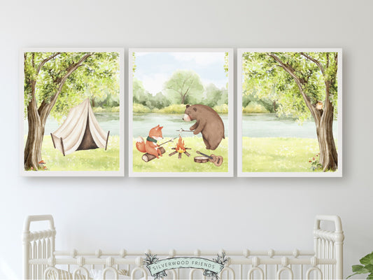 Our adorable Camping River Nursery Prints featuring a bear and fox sitting fireside while camping beside a river, are the perfect addition to your baby's woodland nursery decor and also make a lovely woodland baby shower gift.