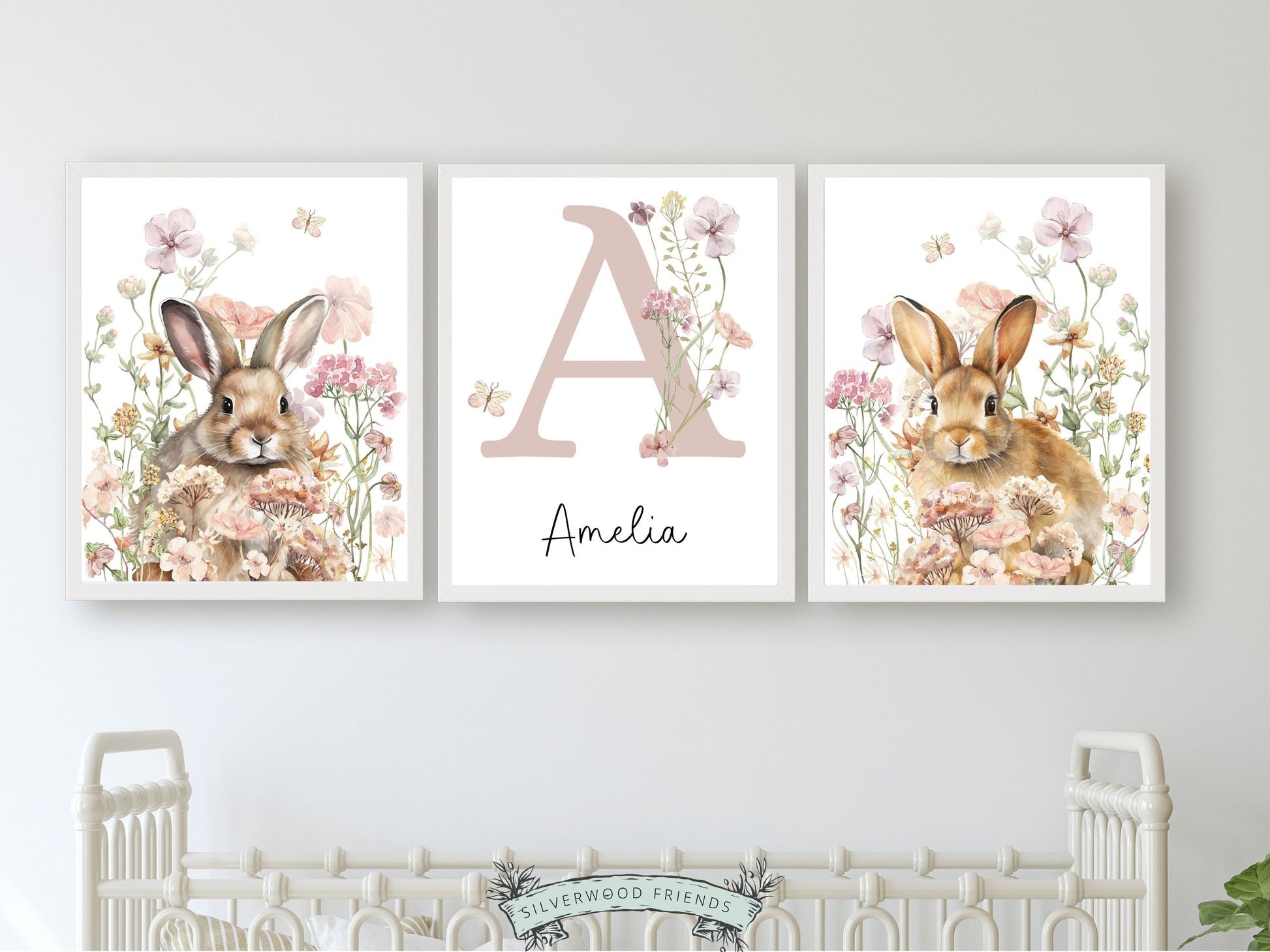 Our gorgeous Bunny Nursery Prints with watercolour bunny rabbits, wildflower meadow flowers and butterflys, is perfect as a custom nursery name print for your new baby or as a unique baby shower gift.