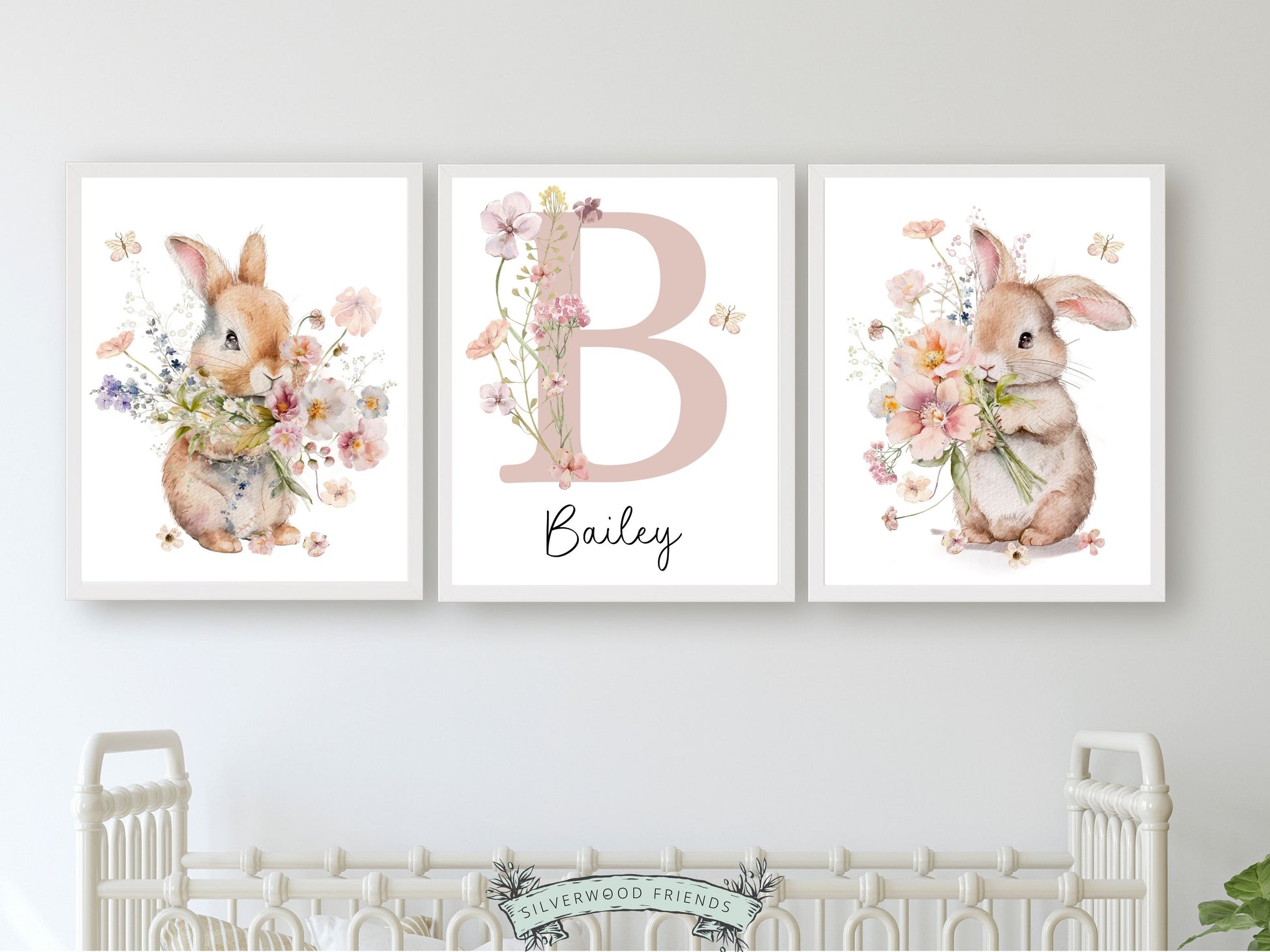 Our gorgeous custom Bunny Nursery Prints with watercolour bunny rabbits, wildflowers and butterflys, are one of our BEST SELLING nursery prints, and are perfect as a custom nursery print set for your new baby or as a unique baby shower gift.