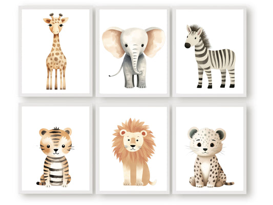 Our Neutral Safari Animal Nursery Prints featuring adorable watercolour illustrations of a giraffe, elephant, zebra, tiger, lion and leopard, is the perfect addition for your safari nursery decor and also makes a lovely gender neutral baby shower gift.