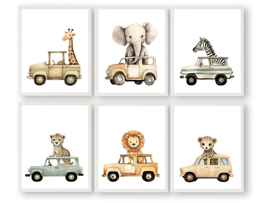 Transform your transport nursery decor with our charming Safari Animal Nursery Prints Set of 6, showcasing safari animals driving cars. These delightful prints are perfect for your safari nursery decor or transport theme nursery, and also make a lovely safari baby shower gift.