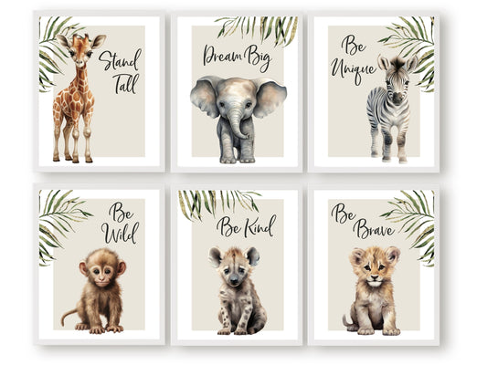 Our Safari Animal Quote Nursery Prints featuring adorable watercolour illustrations of a giraffe, elephant, zebra, monkey, hyena and lion with jungle leaves and inspirational quotes, is the perfect addition for your safari nursery decor.