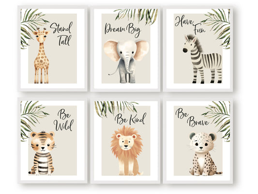 Our Safari Jungle Animal Nursery Prints featuring adorable watercolour illustrations of a giraffe, elephant, zebra, tiger, lion and leopard with jungle leaves and inspirational quotes, is the perfect addition for your safari nursery decor and also makes a lovely gender neutral baby shower gift.