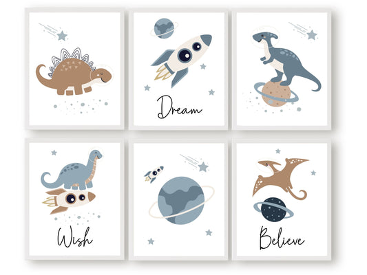 Our delightful Set of 6 Space Dinosaur Nursery Prints features dinosaurs in space souring through the sky with rockets, planets and stars, and quotes " Dream Wish Believe" in a calming neutral blue and brown colour palette - the perfect addition to any dinosaur lovers baby boy's nursery decor or space themed nursery.