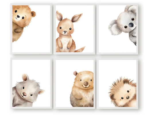 Bring a little bit of the Australian wilderness into your home with our Set of 6 Australian Peeking Animal Nursery Prints featuring a cute peeking Aussie animals - Baby Kangaroo, Koala, Wombat, Quokka, Tasmanian Devil and Echidna.