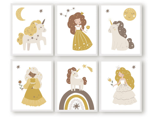 Set of 6 Boho Princess Nursery Prints. Featuring charming illustrations of princesses, unicorns, rainbow and celestial elements, these prints will add a touch of magic and wonder to your baby girls nursery decor.