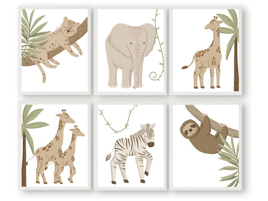 Neutral Safari Nursery Prints Set of 6. Featuring charming jungle animals amidst tropical plants, this collection is an ideal choice for a safari themed room or your neutral nursery decor, and also makes a delightful safari baby shower gift.