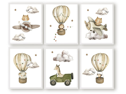 Let their imagination soar with our Hot Air Balloon Nursery Prints featuring watercolour safari animals in hot air balloons in a calming neutral colour palette.