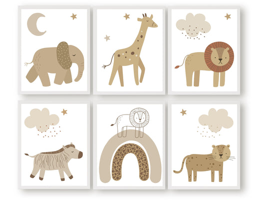 Beige Safari Nursery Prints Set of 6. Featuring charming jungle animals amidst boho rainbow, clouds and stars, this collection is an ideal choice for a safari themed room or your neutral boho nursery decor.