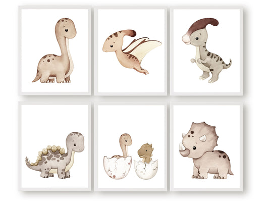 Transform your nursery into a prehistoric paradise with our charming beige and brown watercolour Dinosaur Nursery Prints featuring adorable baby dinosaurs. It's perfect for your dinosaur nursery decor or a delightful dino baby shower gift.