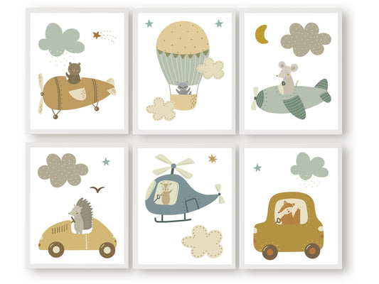 Set of 6 Woodland Transport Nursery Prints. Adorned with endearing woodland animals cruising in cars, planes and a hot air balloon surrounded by clouds, each print boasts a soothing blue and beige palette