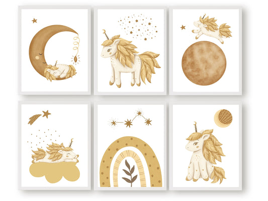 Set of 6 Unicorn Moon Nursery Prints. Featuring charming illustrations of unicorns, the moon and celestial elements, these prints will add a touch of magic and wonder to your baby girls nursery decor.