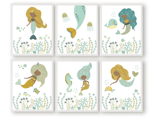 Dive into a world of underwater enchantment with our Set of 6 Black Mermaid Nursery Prints. These beautiful illustrations showcase mermaids swimming alongside a delightful array of sea creatures including a sea turtle, whale and fish adding a touch of magic to your baby girls nursery decor or as an adorable ocean baby shower gift.