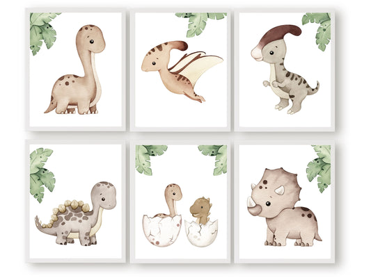 Transform your nursery into a prehistoric paradise with our charming watercolour Neutral Dino Nursery Prints featuring adorable baby dinosaurs. It's perfect for your dinosaur nursery decor or as a delightful dino baby shower gift.