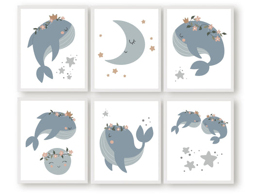 Set of 6 Whale Nursery Prints, featuring serene blue whales soaring amidst stars and the moon. This collection is perfect for your ocean nursery decor or under the sea theme bedroom, and also makes for a delightful and thoughtful ocean themed baby shower gift.