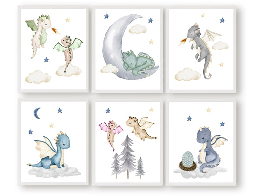 Set of 6 Baby Dragon Nursery Prints featuring watercolour baby dragons in a gender neutral colour palette, will spark their imagination and create a calm and cosy atmosphere. Its perfect for your dragon nursery decor and makes a thoughtful gender neutral dragon baby shower gift.