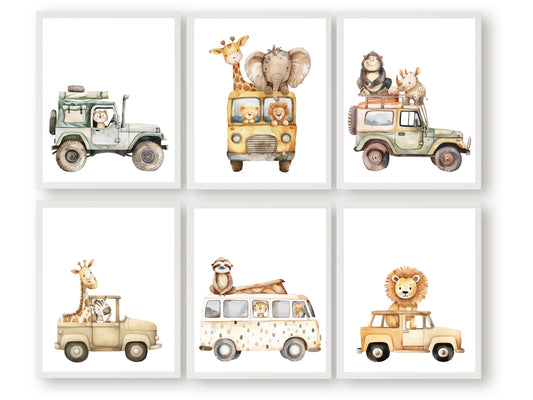 Safari Animal Nursery Prints Set of 6, showcasing safari animals driving cars. These delightful prints are perfect for your safari nursery decor or transport theme nursery, and also make a lovely safari baby shower gift.