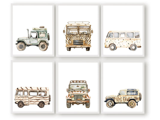 Safari Car Nursery Prints Set of 6, showcasing watercolour safari vehicles. These delightful prints are perfect for your safari nursery decor or transport theme nursery, and also make a lovely safari baby shower gift.