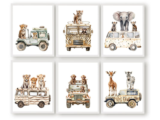 Safari Animal Nursery Prints Set of 6, showcasing safari animals driving cars. These delightful prints are perfect for your safari nursery decor or transport theme nursery, and also make a lovely safari baby shower gift.