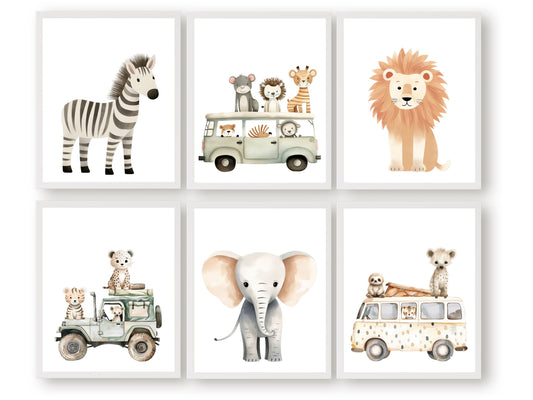 Jungle Animal Nursery Prints Set of 6, showcasing safari animals driving cars. Our delightful prints are perfect for your safari nursery decor or transport theme nursery, and also make a lovely safari baby shower gift.