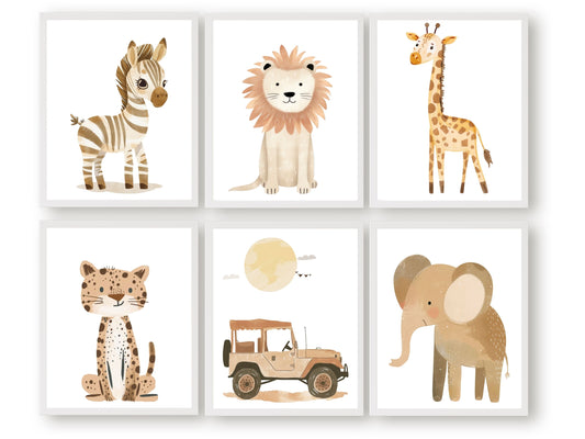 Safari Animal Nursery Prints Set of 6, showcasing safari animals zebra, lion, giraffe, leopard and elephant and safari jeep. These delightful prints are perfect for your safari nursery decor and also make a lovely gender neutral safari baby shower gift.