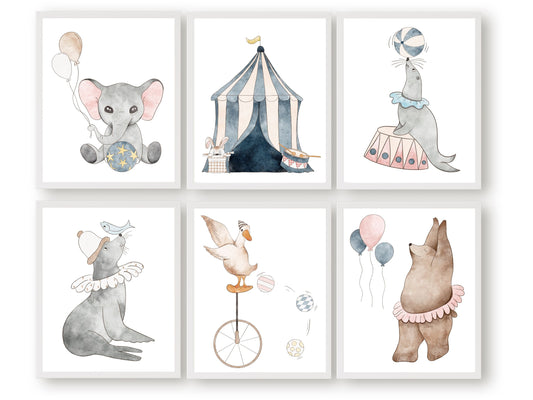 Set of 6 Circus Nursery Prints, featuring delightful circus animals and a pastel colour palette. These charming prints are perfect for your baby girl's nursery decor and also make for a unique baby girl baby shower gift.