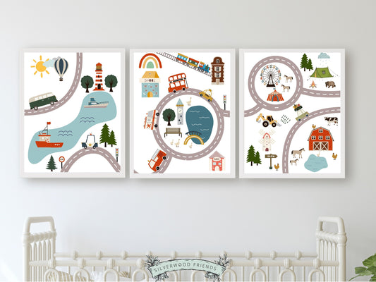 Car Nursery Prints, where adorable animals roam amongst farms, cars and lakes, for a whimsical and enchanting journey. 