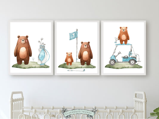 Golf Nursery Prints, featuring woodland bears including and blue golf items, making it the perfect addition for both a sports themed nursery and woodland nursery decor. These prints also make a unique baby shower gift for a little golfer.