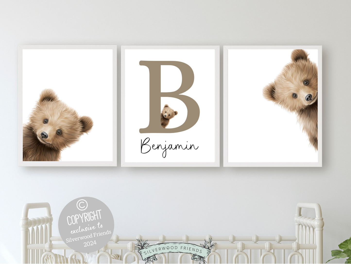 Our delightful minimalist Set of 3 Peeking Bear Custom Name Nursery Prints features adorable peeking brown bears with a custom letter and name in your choice of colour.