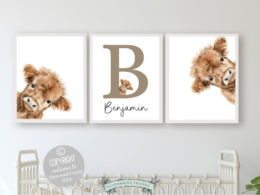 Our delightful minimalist Set of 3 Peeking Cow Custom Name Nursery Prints features adorable peeking cows with a custom letter and name in your choice of colour.