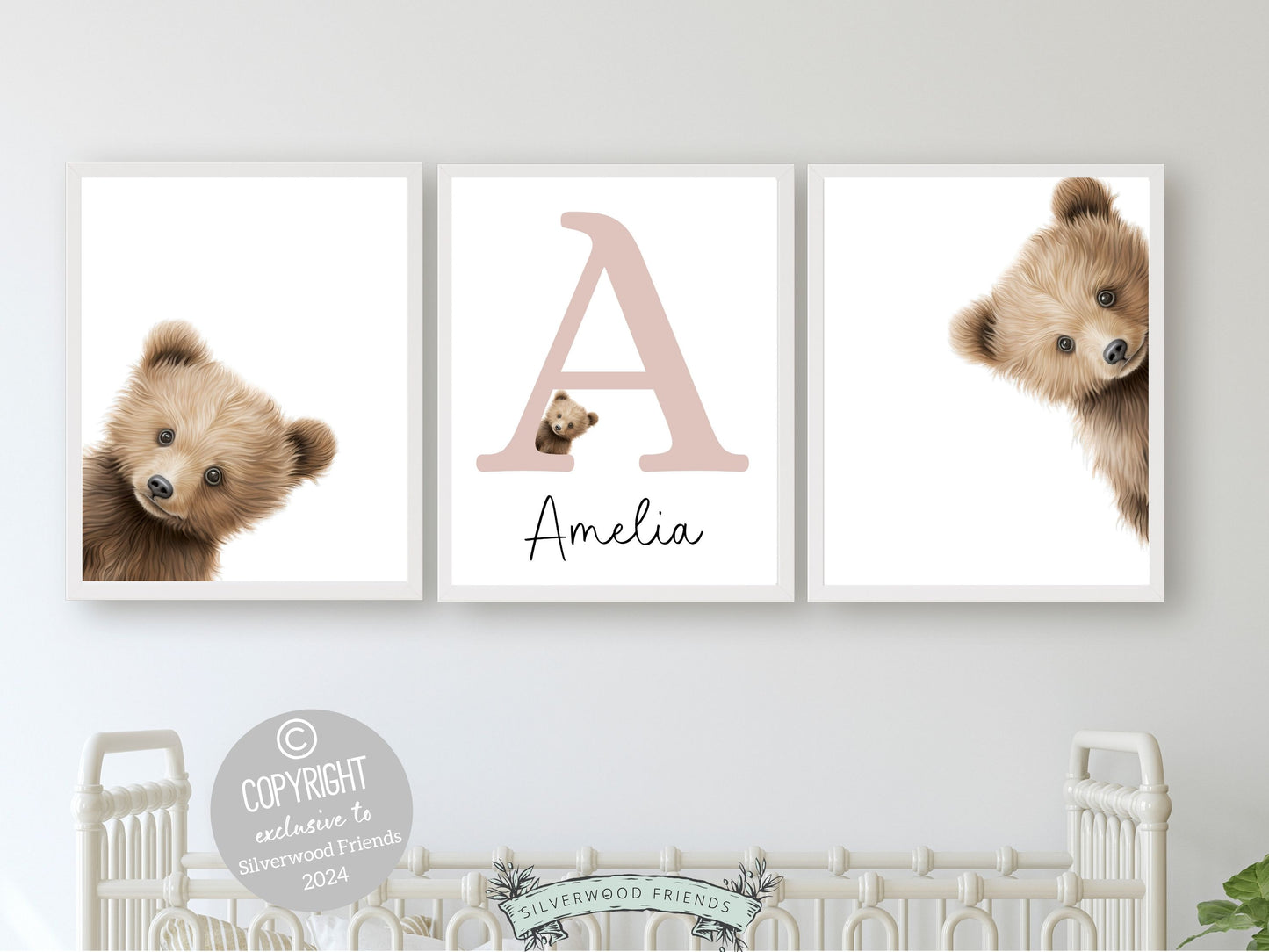 Our delightful minimalist Set of 3 Peeking Bear Custom Name Nursery Prints features adorable peeking brown bears with a custom letter and name in your choice of colour.