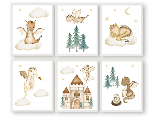 Set of 6 Baby Dragon Nursery Prints featuring beige watercolour baby dragons, will spark their imagination and create a calm and cosy atmosphere. Its perfect for your dragon nursery decor or fantasy theme nursery and also makes a thoughtful dragon baby shower gift.