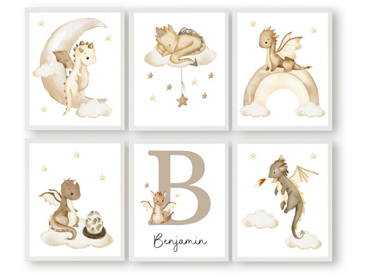 Custom Baby Dragon Nursery Name Prints Set of 6 with beige watercolor dragons, clouds, moon and rainbow, is perfect for your dragon nursery decor or fantasy theme nursery and also makes a unique gender neutral baby shower gift.