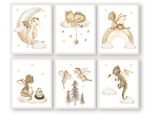 Set of 6 Baby Dragon Nursery Prints featuring beige watercolour baby dragons, will spark their imagination and create a calm and cosy atmosphere. Its perfect for your dragon nursery decor or kids fantasy theme room and also makes a unique dragon baby shower gift.