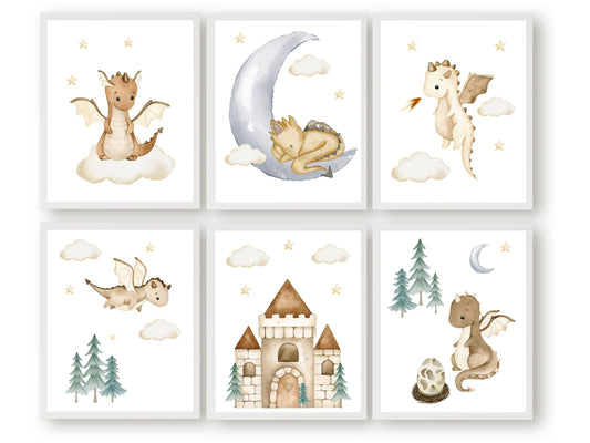 Our Set of 6 Baby Dragon Nursery Prints featuring beige watercolour baby dragons, will spark their imagination and create a calm and cosy atmosphere. Its perfect for your dragon nursery decor or fantasy theme nursery and also makes a thoughtful dragon baby shower gift.