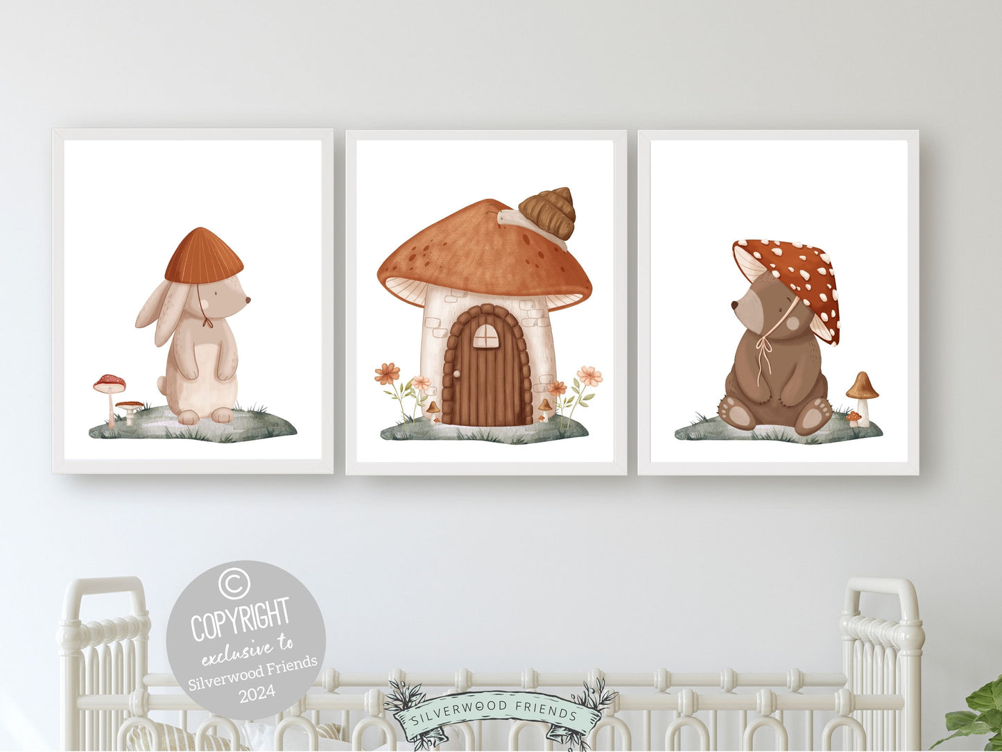 Set of 3 Woodland Mushroom Nursery Prints, featuring an adorable woodland bear and bunny amidst delightful mushrooms