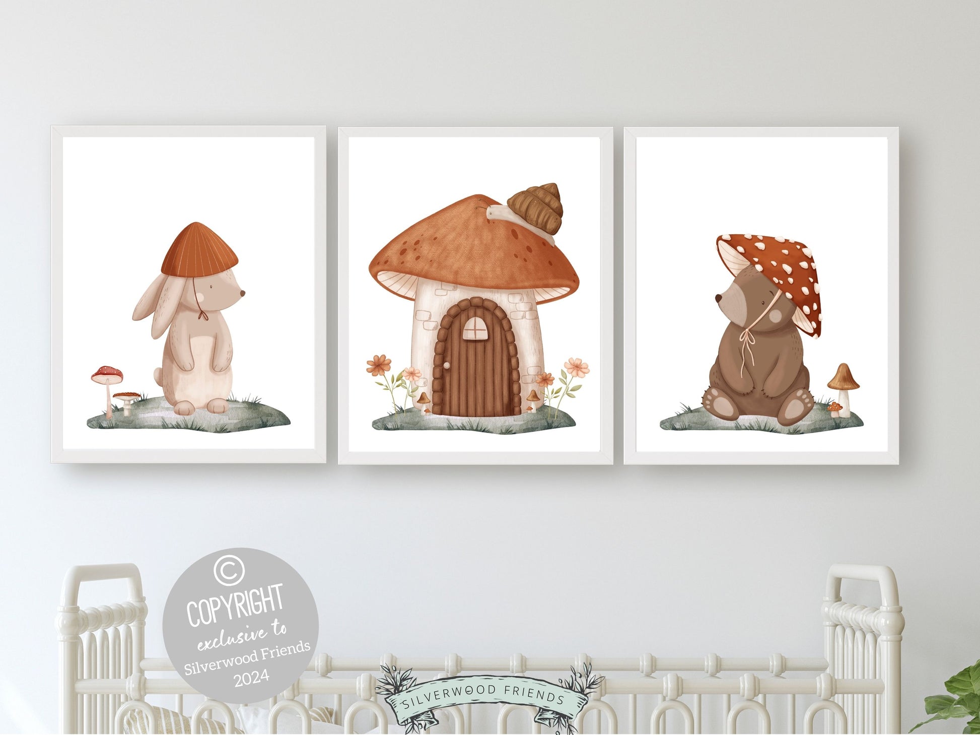 Set of 3 Woodland Mushroom Nursery Prints, featuring an adorable woodland bear and bunny amidst delightful mushrooms