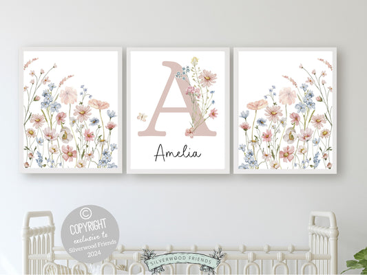 Custom wildflower nursery name prints with watercolour meadow wild flowers are part of our BEST SELLING wildflower collection, and are perfect as a custom nursery print set for your new baby or as a unique baby shower gift