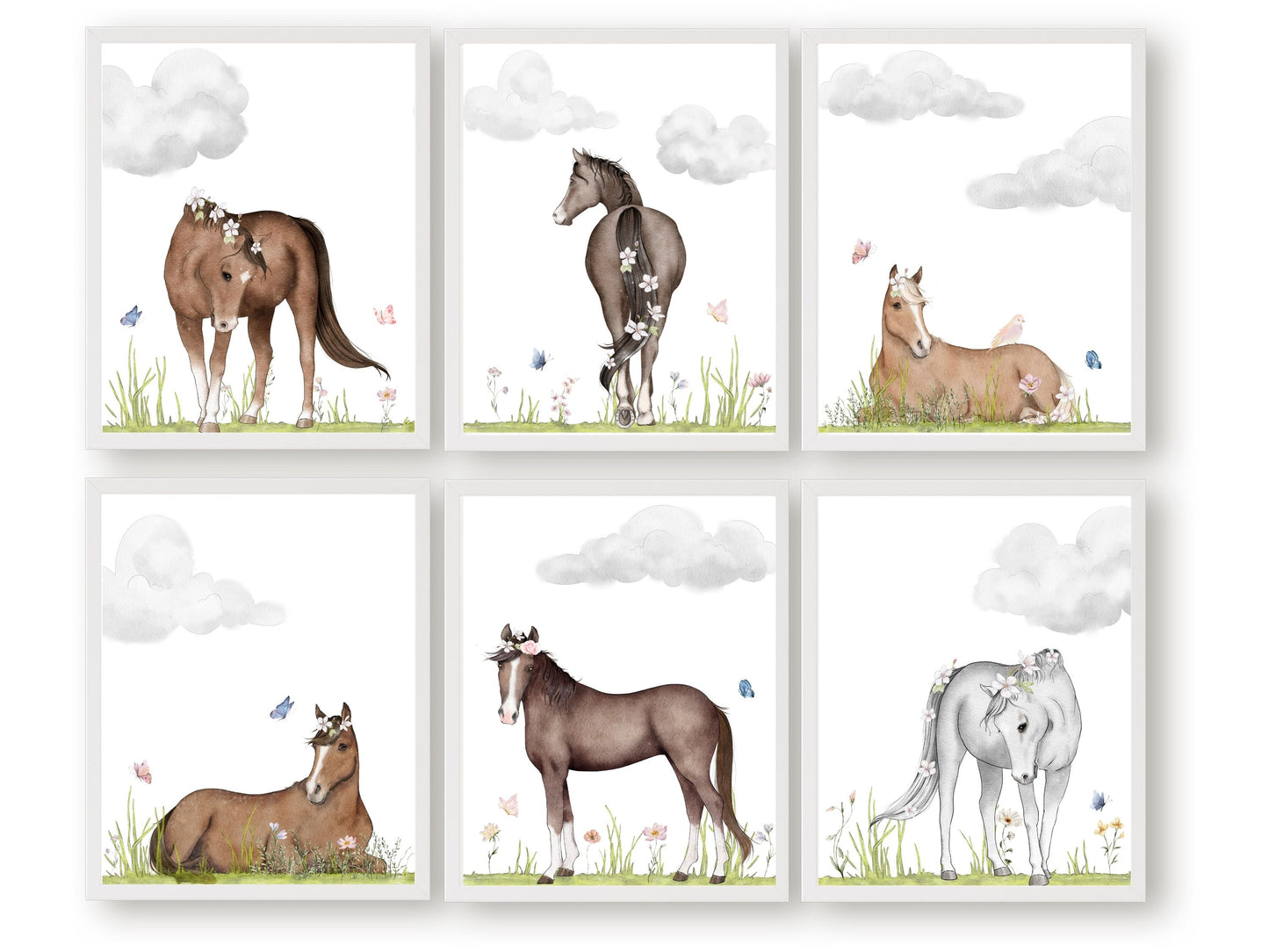 Set of 6 Horse Nursery Prints, showcasing serene watercolour scenes of horses in paddocks. Ideal for cowboy themed decor or a baby girls horse themed nursery.