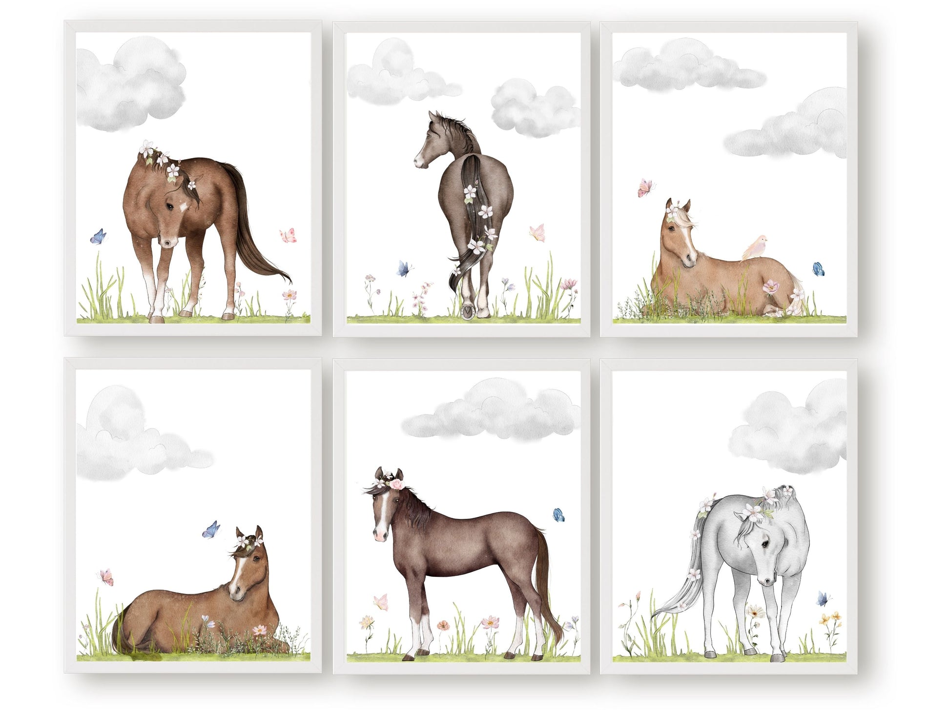 Set of 6 Horse Nursery Prints, showcasing serene watercolour scenes of horses in paddocks. Ideal for cowboy themed decor or a baby girls horse themed nursery.