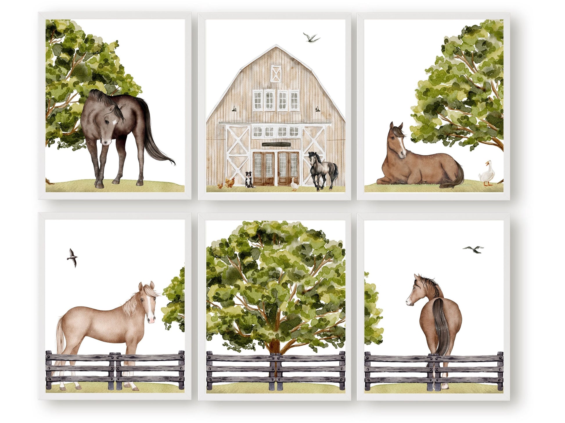 Set of 6 Horse Nursery Prints, showcasing serene watercolour scenes of horses in paddocks, accompanied by charming farm animals. Ideal for cowboy themed decor or a baby girls horse themed nursery.