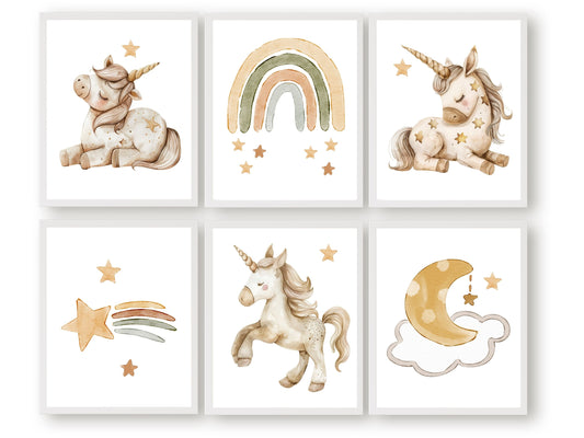 Set of 6 Unicorn Nursery Prints, showcasing adorable unicorns, stars and boho rainbow for a whimsical, enchanting nursery. These neutral prints are the perfect addition to your nursery and also make a charming baby shower gift.