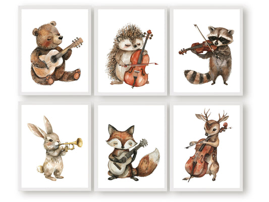 Add a touch of charm to your baby's nursery with our adorable Woodland Musical Animal Nursery Prints, featuring a bear, hedgehog, raccoon, bunny, fox, and deer playing musical instruments.