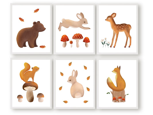 Set of 6 Woodland Nursery Prints, featuring adorable woodland animals amidst delightful mushrooms and fall leaves — perfect for creating a whimsical atmosphere in your woodland nursery decor or as a heartwarming gender neutral baby shower gift.