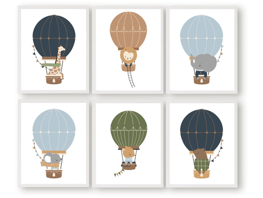 Hot Air Balloon Nursery Prints featuring safari and woodland animals in hot air balloons in a calming blue, green and beige colour palette.