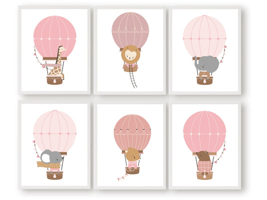 Create a serene and cozy nursery with our Hot Air Balloon Nursery Prints, featuring charming woodland and safari animals in hot air balloons in soothing blush pink tones.