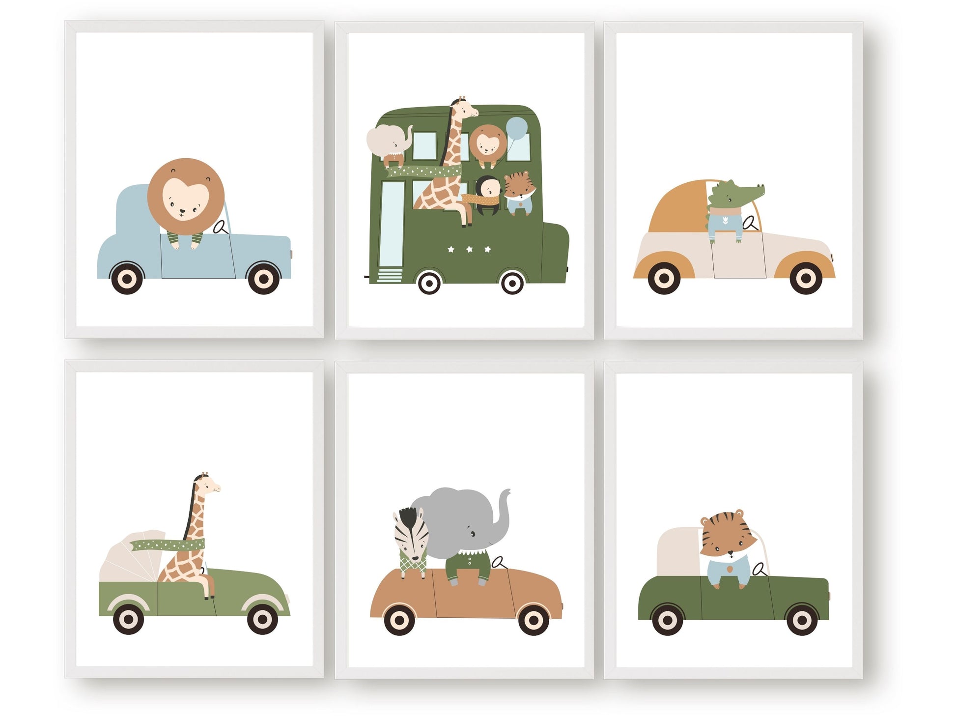 Safari Animal Nursery Prints Set of 6, showcasing safari animals driving cars. These delightful prints are perfect for your safari nursery decor or transport theme nursery, and also make a lovely safari baby shower gift.