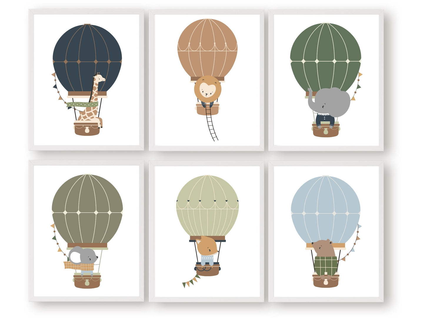 Let their imagination soar with our Hot Air Balloon Nursery Prints featuring safari and woodland animals in hot air balloons in a calming blue, green and beige colour palette.